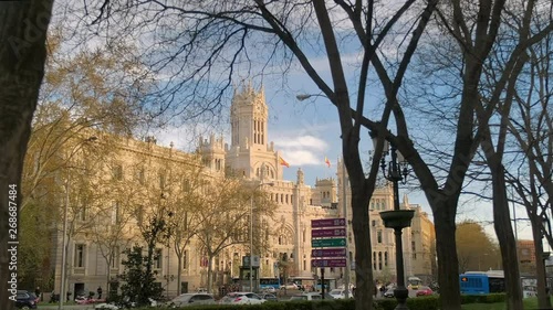 View of Madrid's Town Hall in the evening. Tracking movement in Slow motion 4K UHD