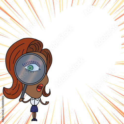 Woman Looking Trough Magnifying Glass Big Eye Blank Round Speech Bubble Design business concept Empty template copy space text for Ad website isolated