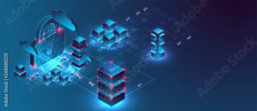 Isometric big data flow processing concept, cloud database. Abstract technology background. Vector illustration