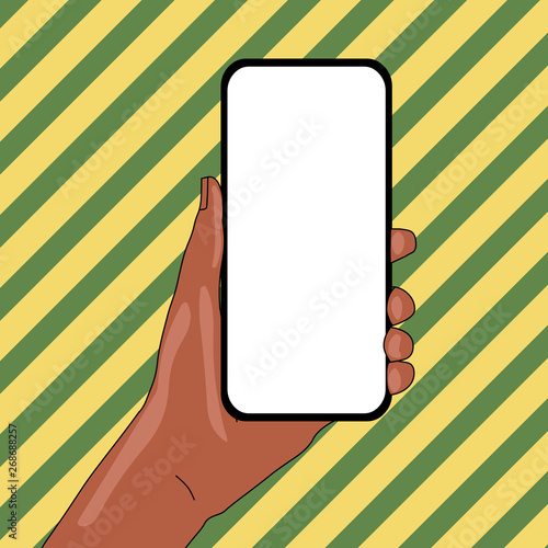 Closeup of Smartphone Device Held in Hand with Empty Screen and Text Space Design business Empty copy space text for Ad website promotion isolated Banner template.
