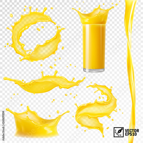 Fotografia 3D realistic set of isolated vector different splashes of juice of orange, mango, bananas and other fruits, transparent glass with a splash, spray and vortex juice