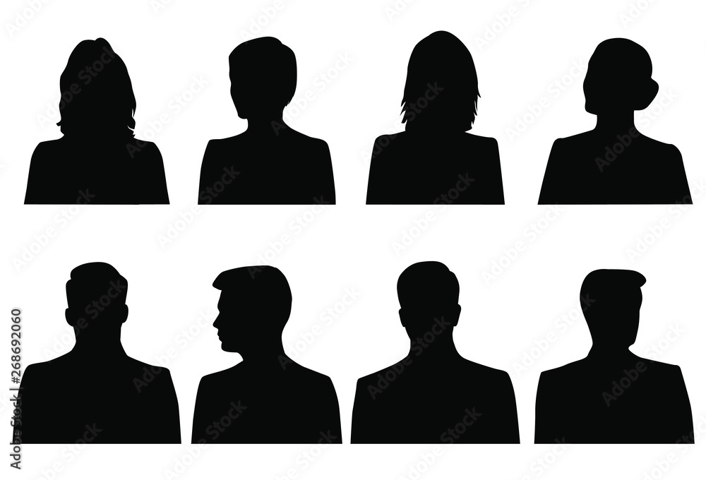 Set vector silhouettes of men and women, business profile avatar, black color, isolated on white background Set vector silhouettes of men and women, business profile avatar, black color, isolated on white background