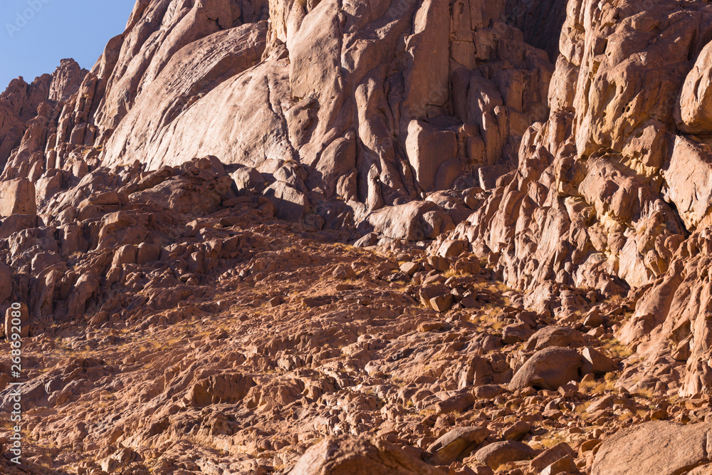 Egypt. Mount Sinai in the morning at sunrise. (Mount Horeb, Gabal Musa, Moses Mount). Pilgrimage place and famous touristic destination. Egypt. Mount Sinai in the morning at sunrise. (Mount Horeb, Gabal Musa, Moses Mount). Pilgrimage place and famous touristic destination.