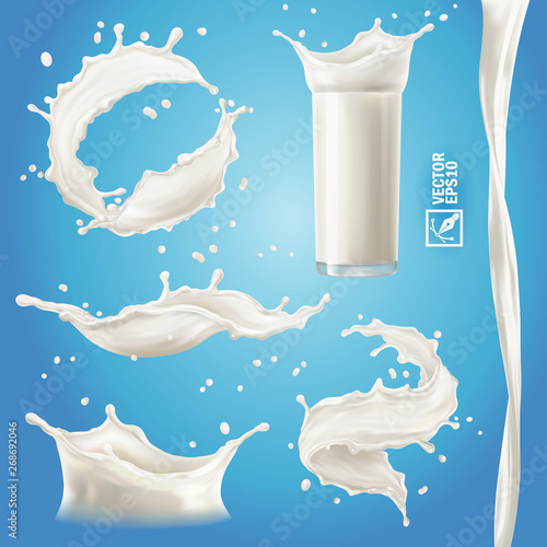 3D realistic isolated vector set, different bursts of milk, yoghurt or cream, transparent glass with a splash, flowing stream, vortex