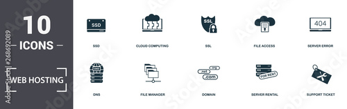 Web Hosting icons set collection. Includes simple elements such as Cloud Folder, Ssd, Cloud Computing, Ssl, File Access, Dns and File Manager premium icons