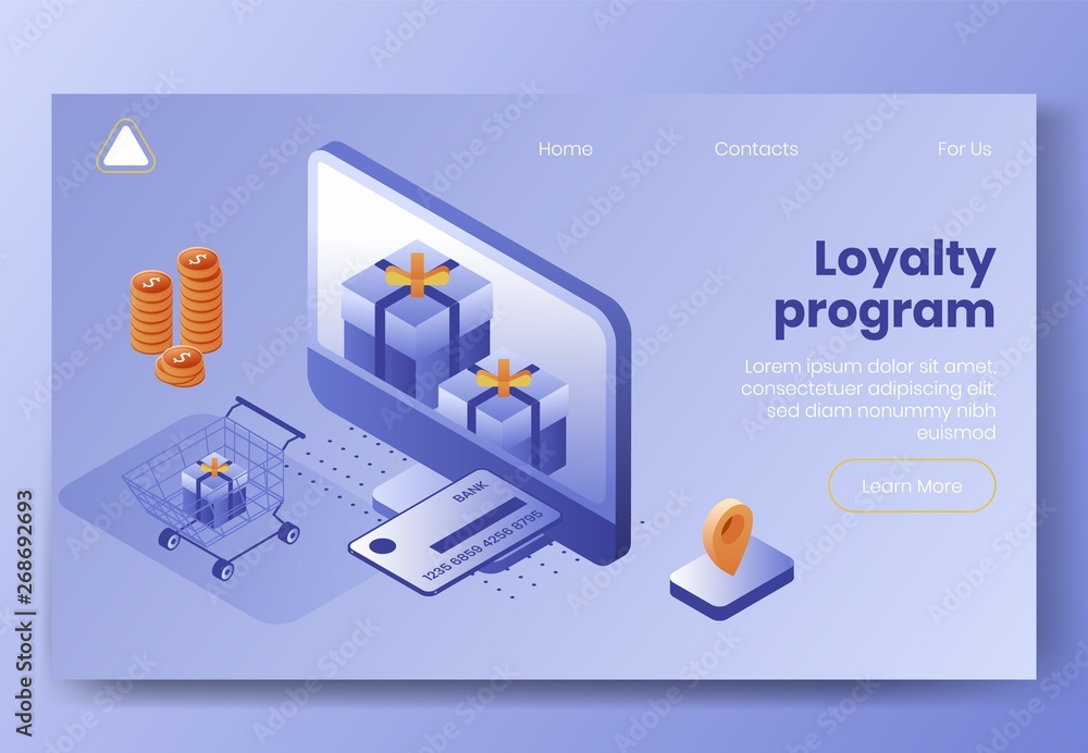 Digital isometric design concept set of loyalty program 3d icons.Isometric business finance symbols-credit card,gift boxes,dollar coins,shopping cart,geo tag on landing page banner web online concept Digital isometric design concept set of loyalty program 3d icons.Isometric business finance symbols-credit card,gift boxes,dollar coins,shopping cart,geo tag on landing page banner web online concept