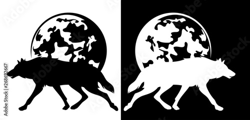 running wol and full moon - wild nature at night black and white vector silhouette