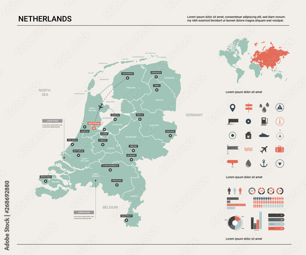 Vector map of Netherlands. Country map with division, cities and capital Amsterdam. Political map,  world map, infographic elements.