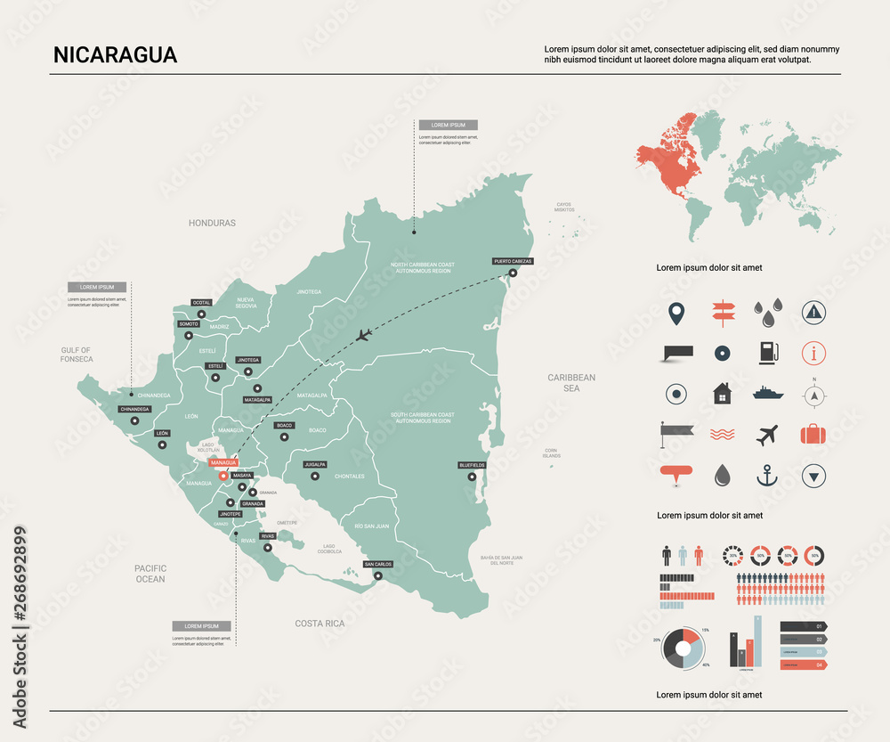 Vector map of Nicaragua. Country map with division, cities and capital Managua. Political map,  world map, infographic elements.