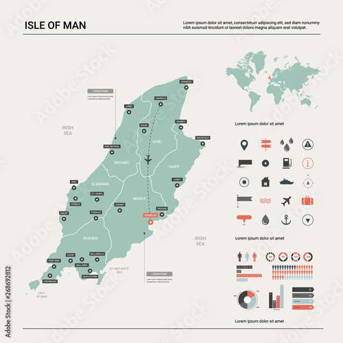 Vector map of Isle of Man. Country map with division, cities and capital Douglas. Political map, world map, infographic elements.