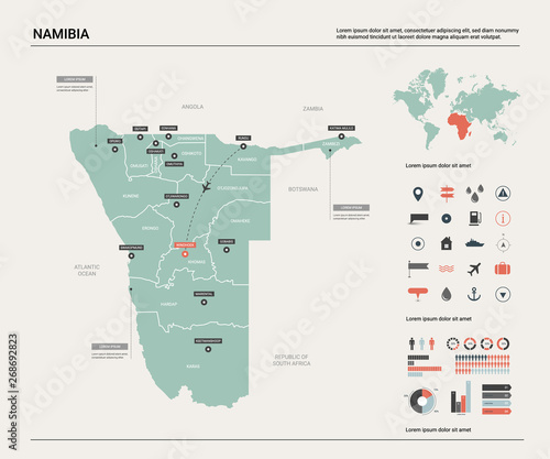 Vector map of Namibia. Country map with division, cities and capital Windhoek. Political map, world map, infographic elements.