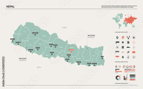 Vector map of Nepal. Country map with division, cities and capital Kathmandu. Political map, world map, infographic elements.