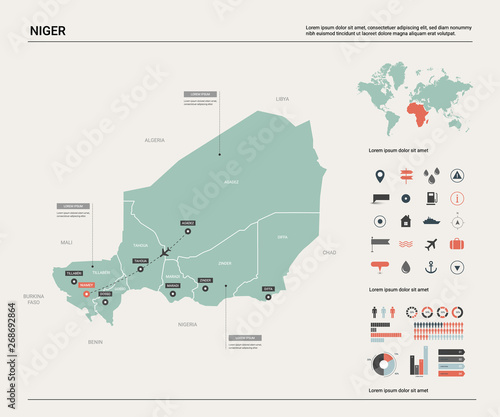 Vector map of Niger. Country map with division, cities and capital Niamey. Political map, world map, infographic elements.