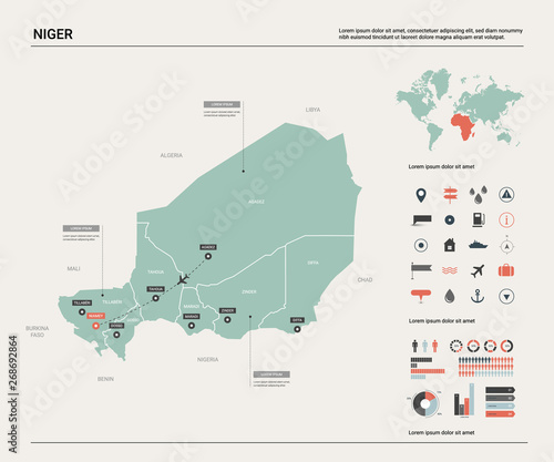 Vector map of Niger. Country map with division, cities and capital Niamey. Political map,  world map, infographic elements.