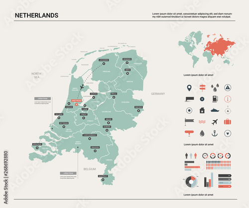 Vector map of Netherlands. Country map with division, cities and capital Amsterdam. Political map, world map, infographic elements.