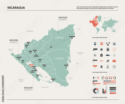 Vector map of Nicaragua. Country map with division, cities and capital Managua. Political map, world map, infographic elements.