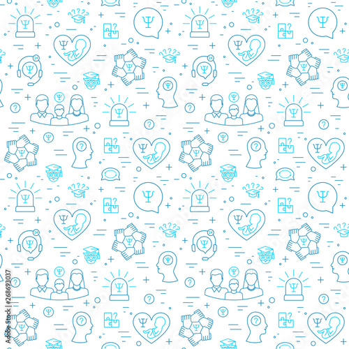 Psychology seamless pattern of sapphirine-blue color. Psychology help linear icons. Flat design. Vector