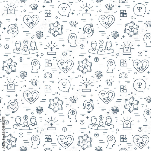 Psychology isolated seamless pattern of dark blue color. Psychology help linear icons. Flat design. Vector
