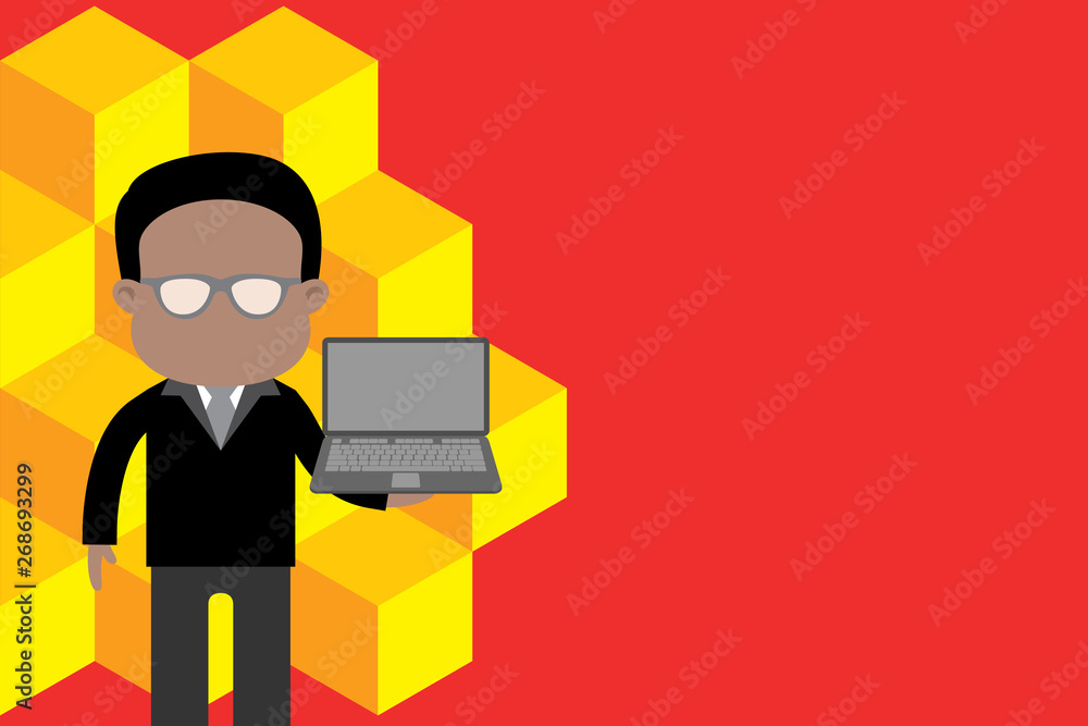 Standing man in suit wearing eyeglasses holding open laptop photo Art Copy Space design Empty template text for Ad, promotion, poster, flyer, web banner, article Standing man in suit wearing eyeglasses holding open laptop photo Art Copy Space design Empty template text for Ad, promotion, poster, flyer, web banner, article