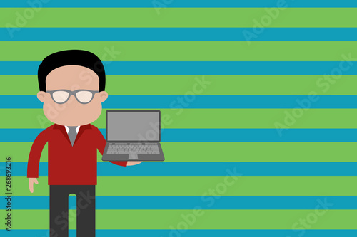 Standing man in suit wearing eyeglasses holding open laptop photo Art Design business concept Empty copy text for Web banners promotional material mock up template