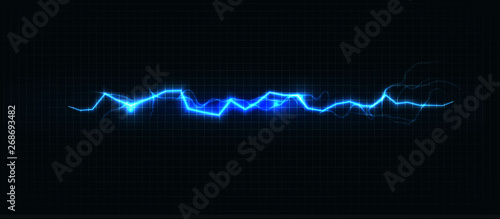 Lightning various colors, glowing thunderbolt and brightning power shock magic lines on black background. Vector illustration.