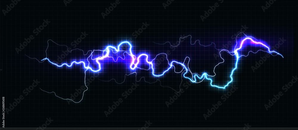 Lightning various colors, glowing thunderbolt and brightning power shock magic lines on black background. Vector illustration.