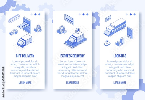 Digital isometric design concept set of online delivery logistics mobile app screen vertical banners.Isometric social business icons-mobile phone,car,truck,boxes,bank card,web online concept