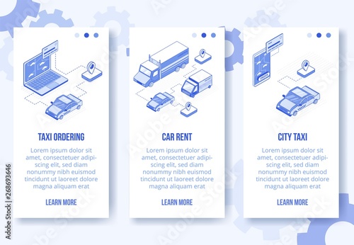 Digital isometric design concept set - online taxi ordering,car rent mobile app screen vertical banners.Isometric social business icons-mobile phone,laptop,car,truck,taxi,bank card,web online concept