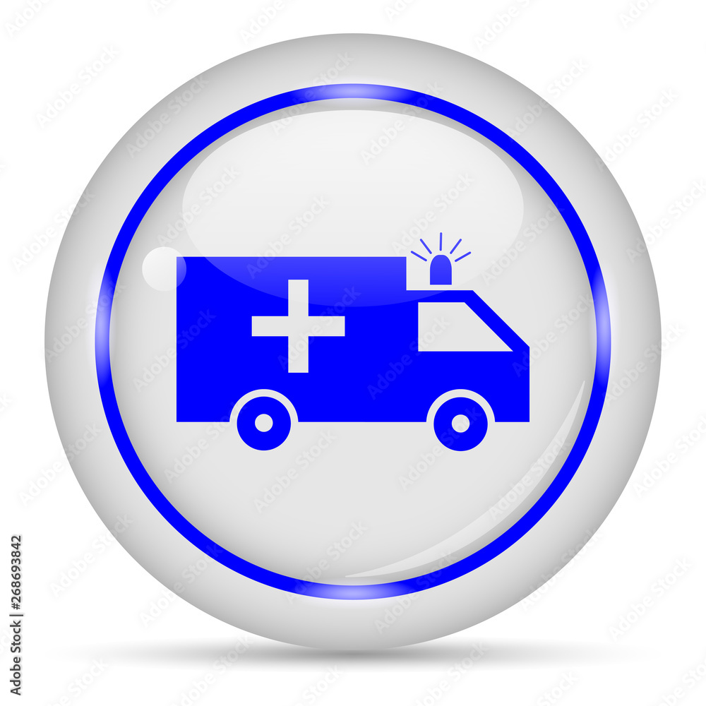 Ambulance icon. White glossy round vector icon in eps 10. Editable modern design internet button on white background. Ambulance icon. White glossy round vector icon in eps 10. Editable modern design internet button on white background.