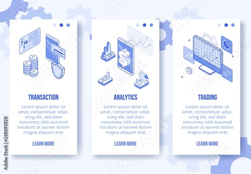 Digital isometric design concept-market trading,financial analytics app screen vertical banners set.Isometric financial business scenes-mobile phone,coins,graphs,charts,diagrams-web online concept