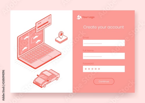 Digital isometric design concept set of online taxi booking service app 3d icons,ready to use sign in,create account,registration online form.Isometric business finance symbols,internet page concept