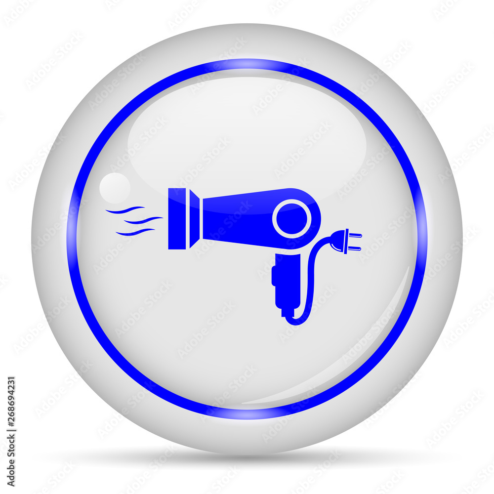 Hair dryer icon. White glossy round vector icon in eps 10. Editable modern design internet button on white background. Hair dryer icon. White glossy round vector icon in eps 10. Editable modern design internet button on white background.