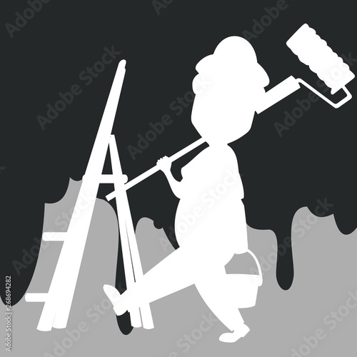 silhouette of a house painter and a stepladder against the background of black paint drips