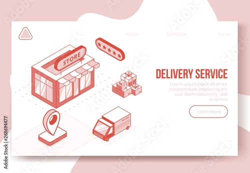 Digital isometric design concept set of delivery service app 3d icons.Business finance symbols-isometric store,truck car,package boxes,geo tags,five stars on landing page banner web online concept
