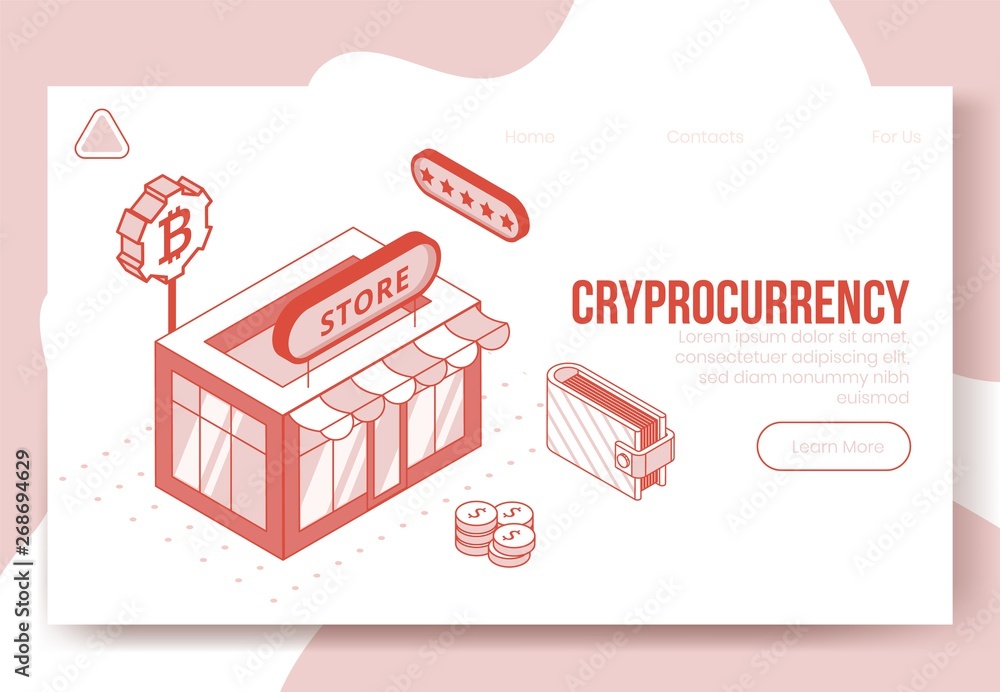 Digital isometric design concept set of financial cryptocurrency app 3d icons.Business financial symbols-isometric store,dollar coins,wallet,bitcoin icon on landing page banner web online concept
