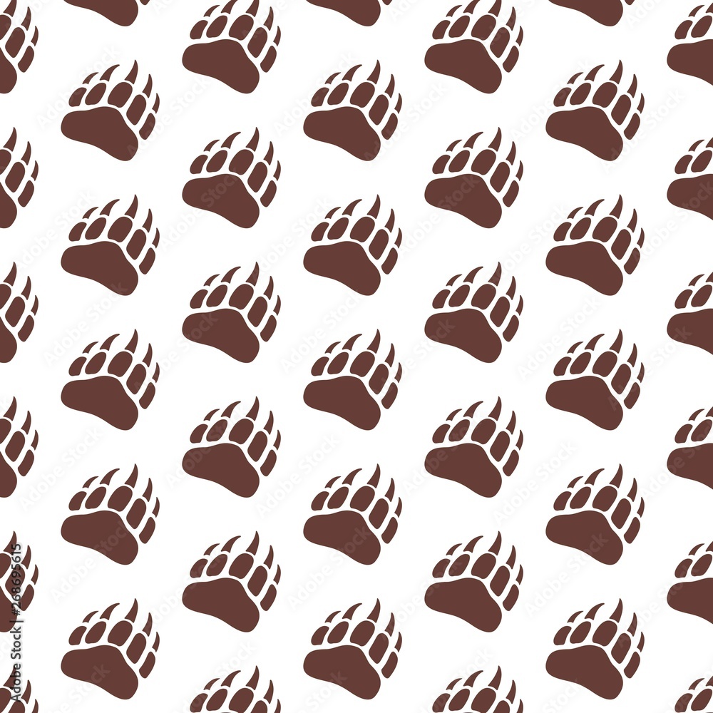 Vector bear paw footstep silhouette pattern for background, icon, poster, banner. Wild animal paw print with claws. The trail of bear, imprint. Wildlife story, problems of ecology, sign of hunters