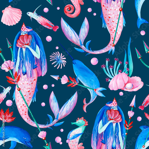 Gouache seamless fantasy underwater pattern with water nymph on dark background