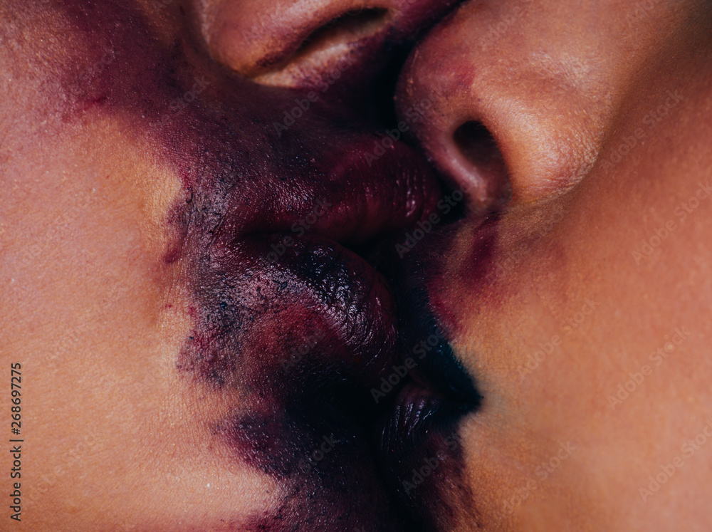 Sexy mouth. Two women friends kissing. Lesbian concept. Mouths with dark  purple lips in movements, closing, lip biting. Paint. Face. Kiss. Stock  Photo | Adobe Stock