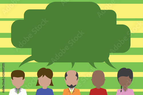 Five different races persons sharing blank speech bubble. People talking Design business concept Empty copy space modern abstract background