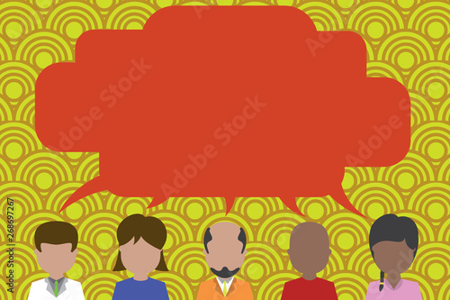 Five different races persons sharing blank speech bubble. People talking Design business concept Empty copy text for Web banners promotional material mock up template