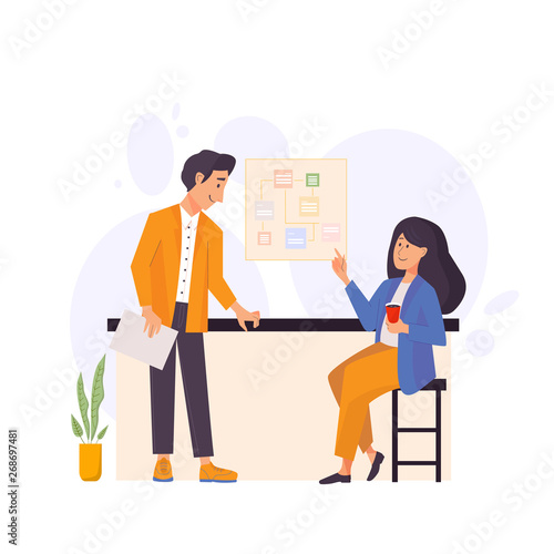 Business people teamwork. Man and woman talking at the office. Vector flat cartoon character illustration