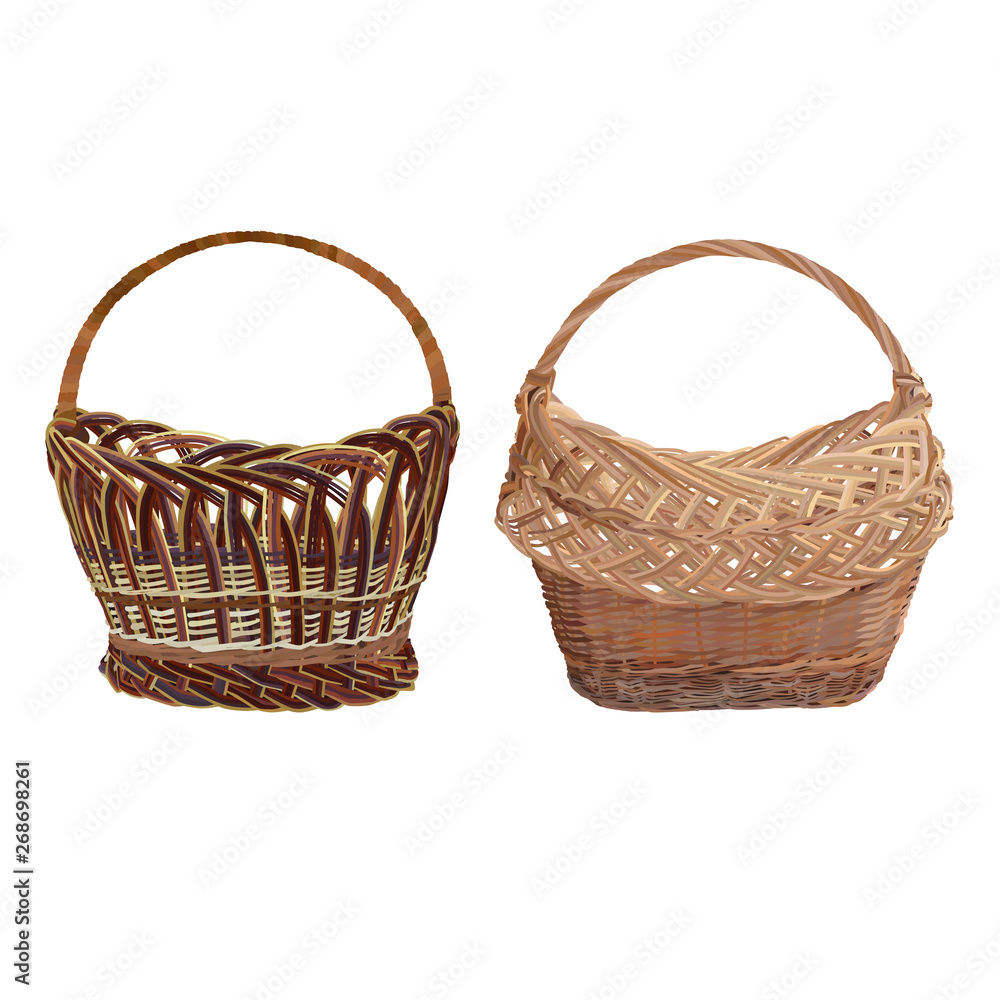Obraz premium Empty wicker basket set, vector isolated illustration