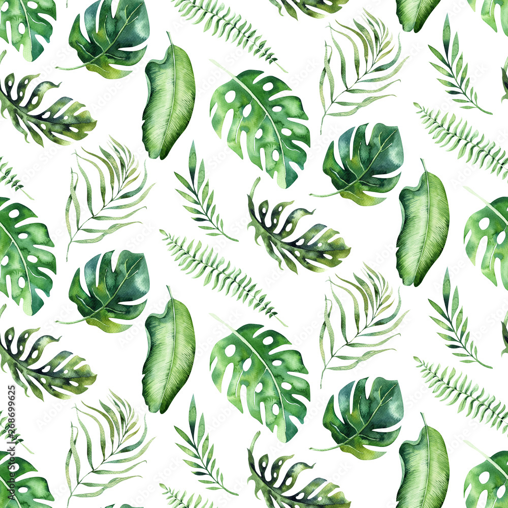 Seamless watercolor pattern of tropical leaves, aloha jungle