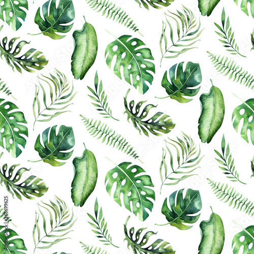 Seamless watercolor pattern of tropical leaves, aloha jungle decoration. Hand painted palm leaf. Texture with tropic summer time used as background, wrapping paper, textile or wallpaper design.