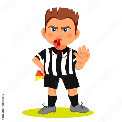 Whistling soccer referee showing stopping hand during match, human character vector illustration. Sport hand drawn cartoon, football arbitrator with red and yellow cards in hand