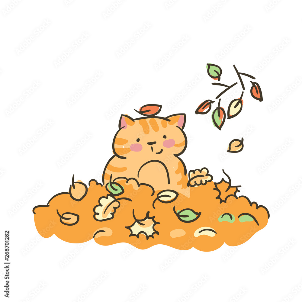 doodle cute little cat vector leaves autumn doodle cute little cat vector leaves autumn