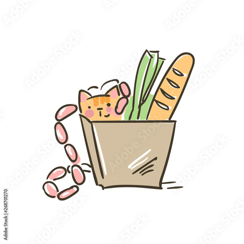 doodle cute little cat vector in paper bag food