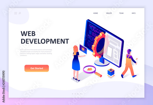 Modern flat design isometric concept of Web Development decorated people character for website and mobile website development. Isometric landing page template. Vector illustration.