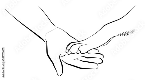 Give paws. Human hand and dogs paw vector outline illustration on white background.