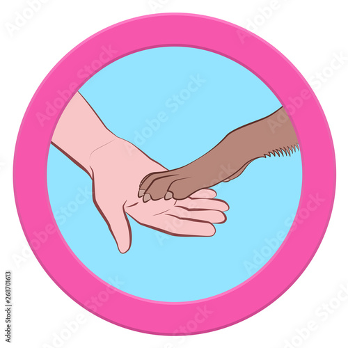 Dogs paw and human hand giving paws. Round pink logo symbol vector illustration on white background.